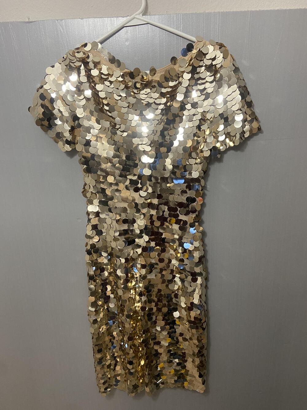 Jovani Dress Womens 2 Gold Sequin Sheath Boat Neck Short Sleeve Cocktail Party
